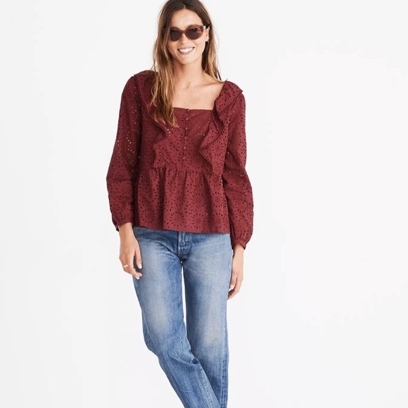 Madewell Long Sleeve Maroon Eyelet Detailed Blouse Size Small - Picture 2 of 11